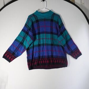 VTG 80s Michael Carr Knit Sweater Blue Teal Plaid Mock Neck Acrylic Med Oversize